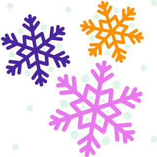 Image shows three snowflakes in LOPF colours, blue, pink and orange